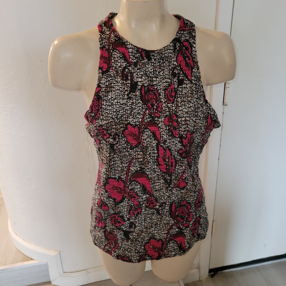 INC International Concepts Floral Print Smocked Tank Top Summer Beachy Momcore L - Picture 2 of 10